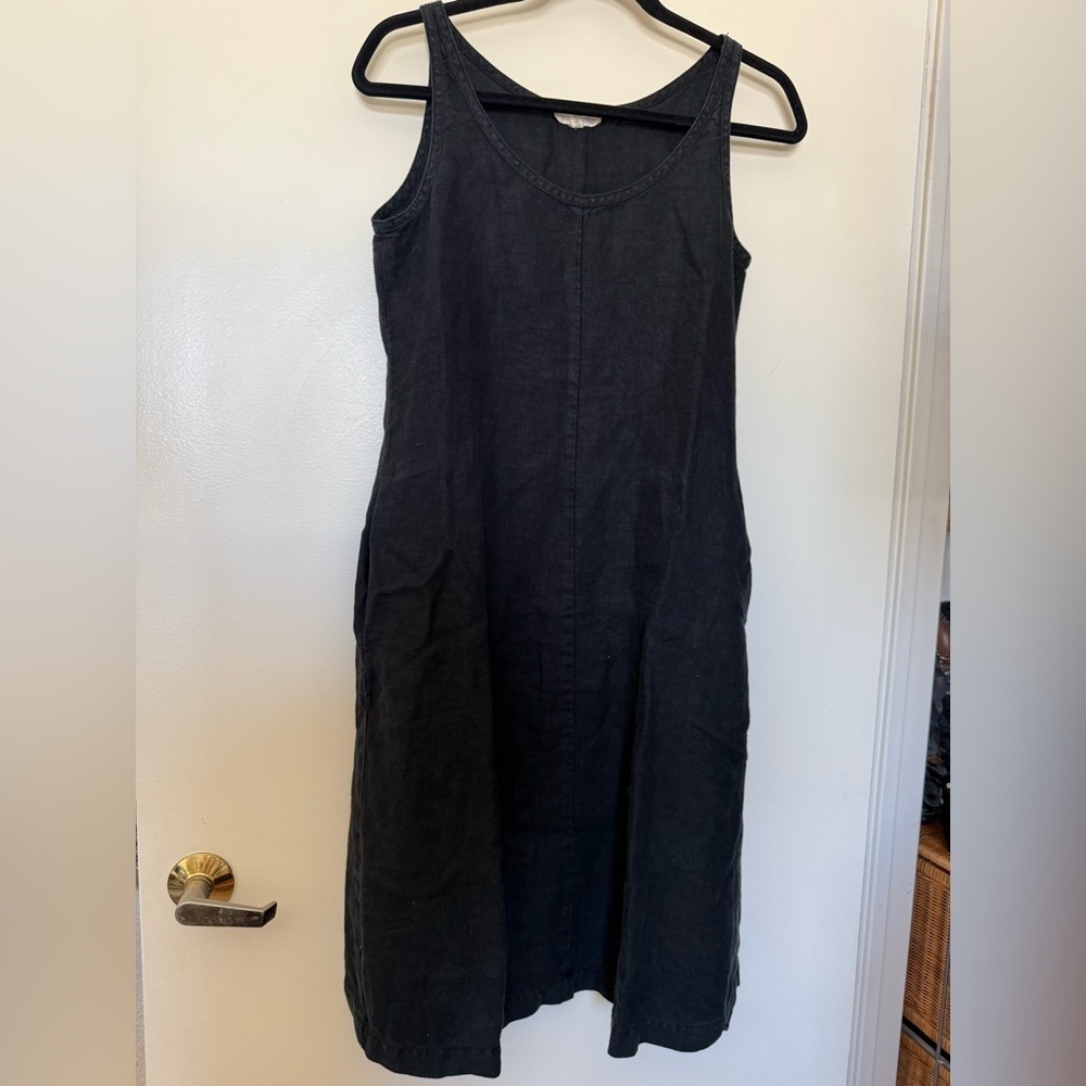 Eileen Fisher Black Tank Style 100% Linen Dress with Pockets